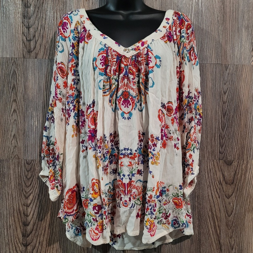 Bila Boho Floral Peasant Blouse XXL 2XL Ivory Multi Deep V-Neck 3/4 Balloon Slv
